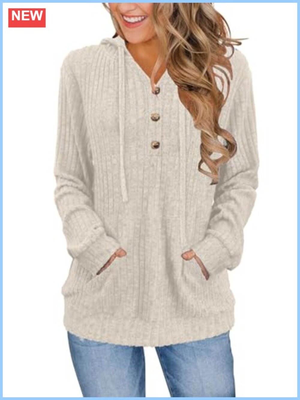 Women's Hooded Henley Sweater Pullover Soft Ribbed Long Sleeve Fall Winter Knit